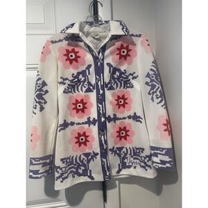 Vintage Vana Women's Geometric Floral Knit Button Shirt Folk Art Sz 10 Graphic